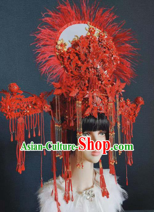 Traditional Chinese Deluxe Red Tassel Hat Phoenix Coronet Hair Accessories Halloween Stage Show Headdress for Women