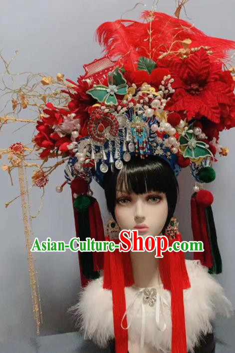 Traditional Chinese Deluxe Red Feather Phoenix Coronet Hair Accessories Halloween Stage Show Headdress for Women