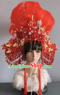 Traditional Chinese Deluxe Red Feather Phoenix Coronet Hair Accessories Halloween Stage Show Headdress for Women