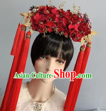 Traditional Chinese Deluxe Red Flowers Phoenix Coronet Hair Accessories Halloween Stage Show Headdress for Women