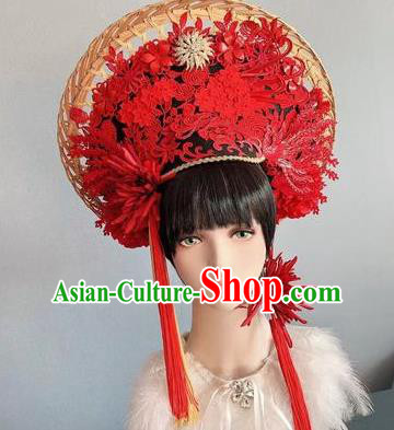 Traditional Chinese Deluxe Red Hat Phoenix Coronet Hair Accessories Halloween Stage Show Headdress for Women