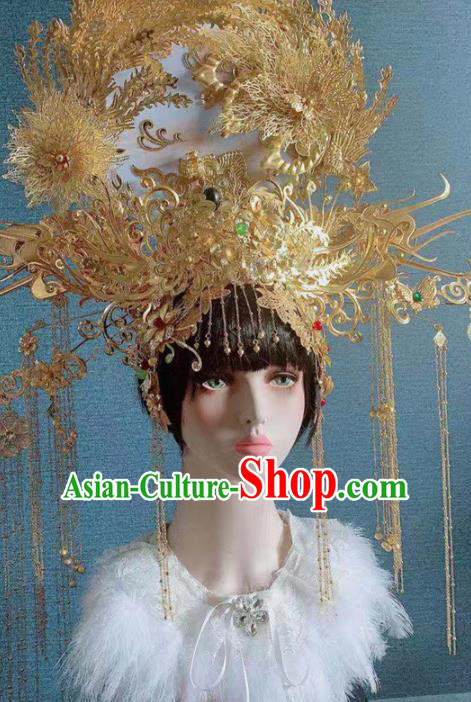 Traditional Chinese Deluxe Golden Palace Phoenix Coronet Hair Accessories Halloween Stage Show Headdress for Women