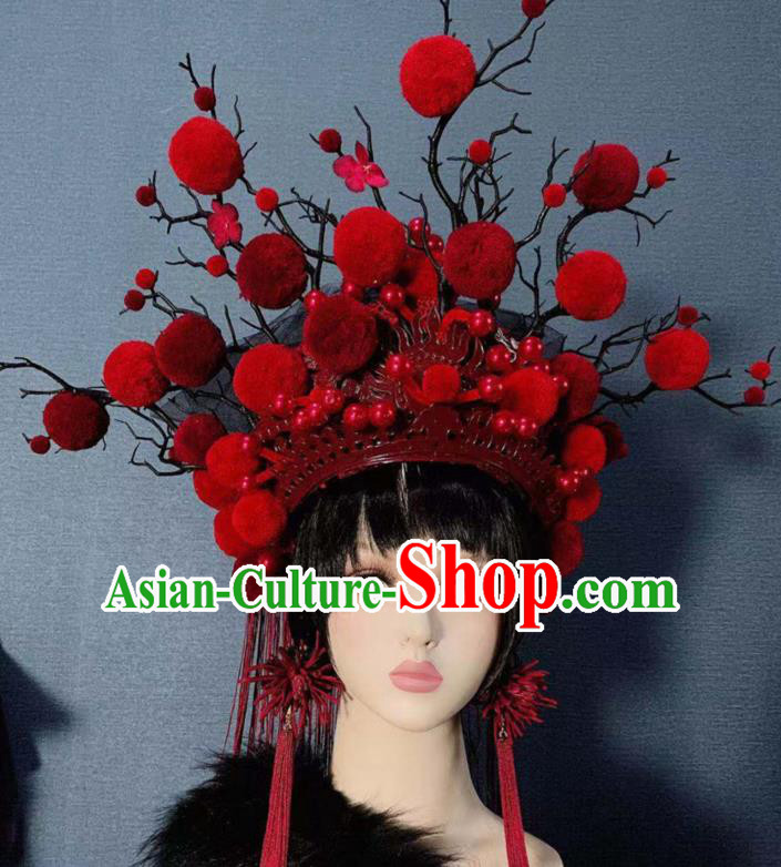 Traditional Chinese Deluxe Red Venonat Phoenix Coronet Hair Accessories Halloween Stage Show Headdress for Women