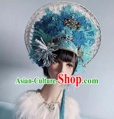 Traditional Chinese Deluxe Hat Blue Phoenix Coronet Hair Accessories Halloween Stage Show Headdress for Women