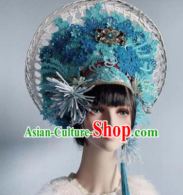 Traditional Chinese Deluxe Hat Blue Phoenix Coronet Hair Accessories Halloween Stage Show Headdress for Women