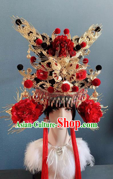 Traditional Chinese Deluxe Palace Red Peony Phoenix Coronet Hair Accessories Halloween Stage Show Headdress for Women