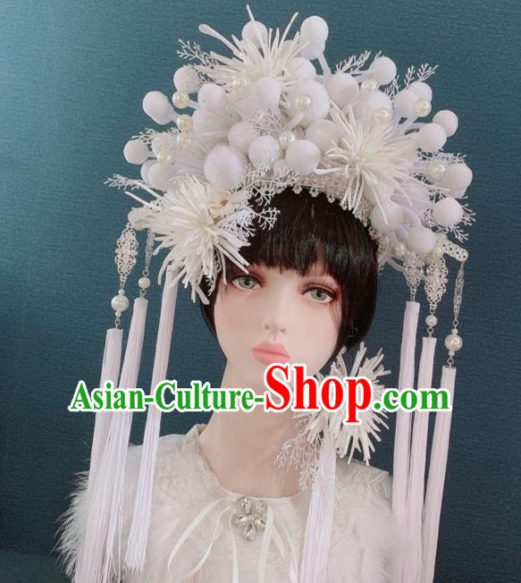 Traditional Chinese Deluxe Palace White Venonat Phoenix Coronet Hair Accessories Halloween Stage Show Headdress for Women