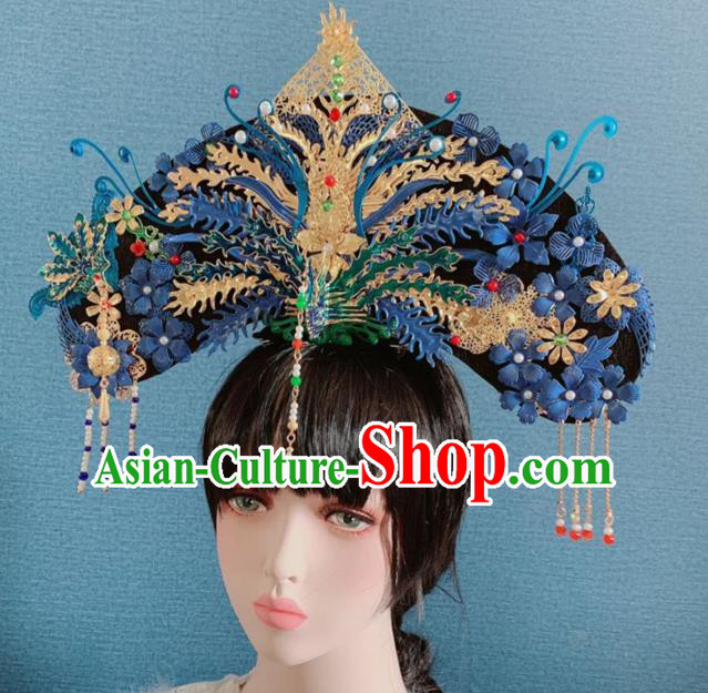 Traditional Chinese Deluxe Qing Dynasty Blue Phoenix Coronet Hair Accessories Halloween Stage Show Headdress for Women