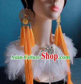 Traditional Chinese Deluxe Yellow Long Tassel Ear Accessories Halloween Stage Show Earrings for Women