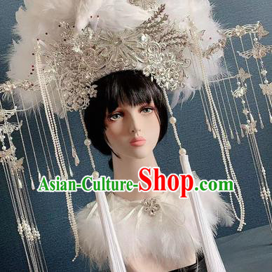 Traditional Chinese Deluxe White Feather Phoenix Coronet Hair Accessories Halloween Stage Show Headdress for Women