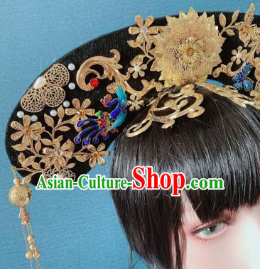 Traditional Chinese Deluxe Qing Dynasty Golden Peony Phoenix Coronet Hair Accessories Halloween Stage Show Headdress for Women