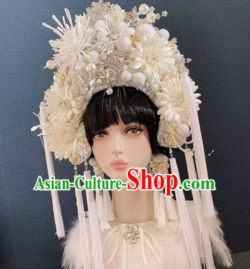 Traditional Chinese Deluxe White Phoenix Coronet Hair Accessories Halloween Stage Show Headdress for Women