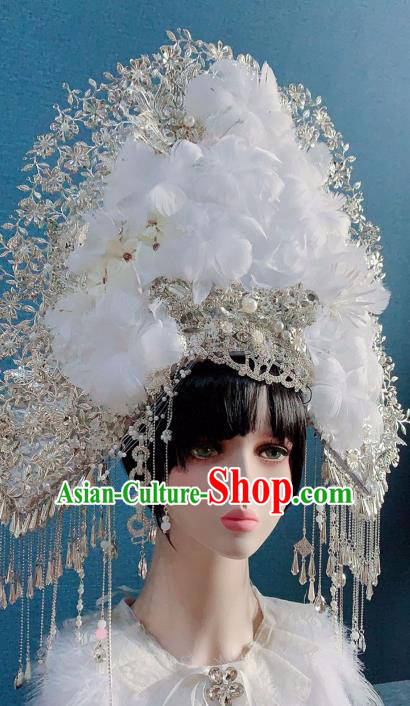 Traditional Chinese Deluxe White Feather Flowers Phoenix Coronet Hair Accessories Halloween Stage Show Headdress for Women