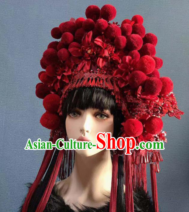 Traditional Chinese Deluxe Wine Red Venonat Phoenix Coronet Hair Accessories Halloween Stage Show Headdress for Women