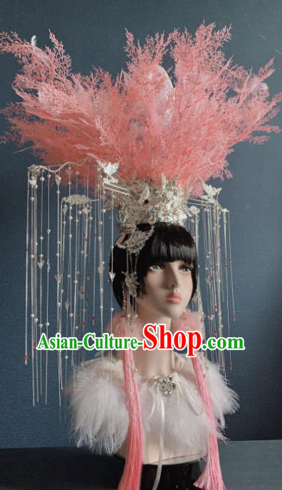 Traditional Chinese Deluxe Feather Pink Phoenix Coronet Hair Accessories Halloween Stage Show Headdress for Women