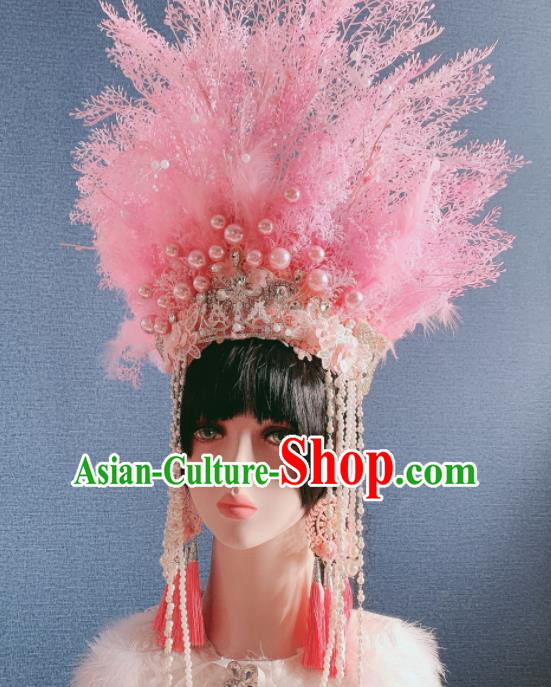 Traditional Chinese Deluxe Pink Feather Phoenix Coronet Hair Accessories Halloween Stage Show Headdress for Women