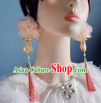 Traditional Chinese Deluxe Pink Tassel Feather Ear Accessories Halloween Stage Show Earrings for Women