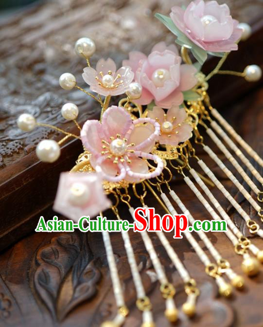 Traditional Chinese Handmade Hair Accessories Pink Flowers Hairpins Ancient Hanfu Tassel Hair Claws for Women