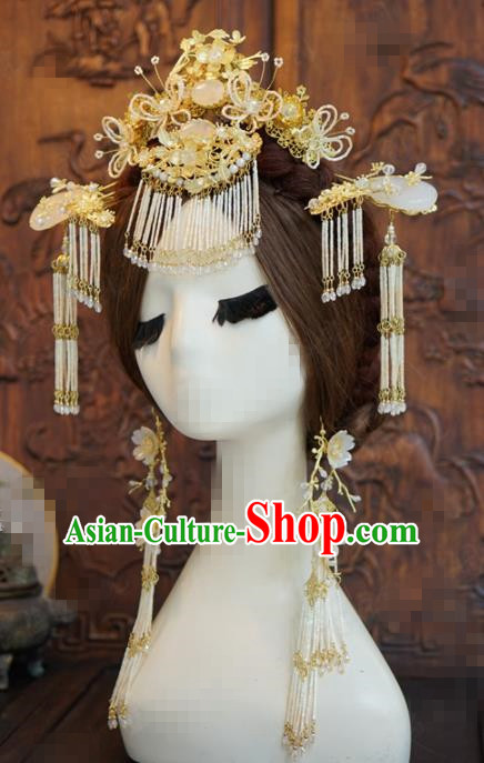 Traditional Chinese Wedding Hair Accessories Ancient Bride Golden Tassel Hairpins Complete Set for Women