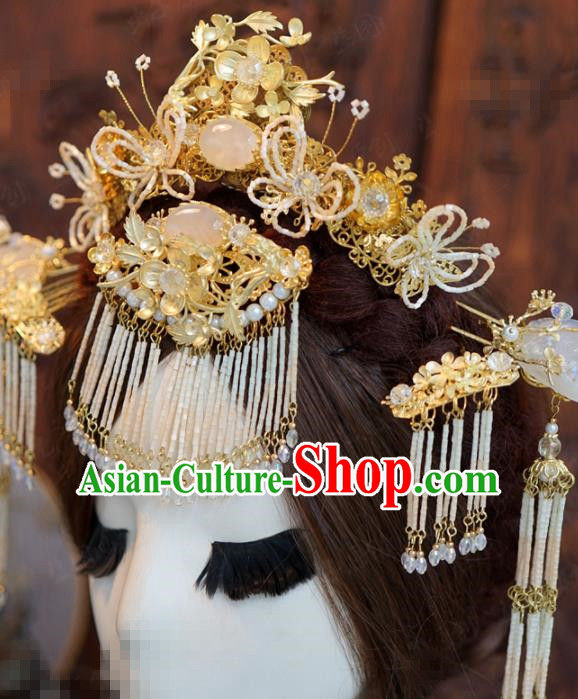 Traditional Chinese Wedding Hair Accessories Ancient Bride Golden Tassel Hairpins Complete Set for Women