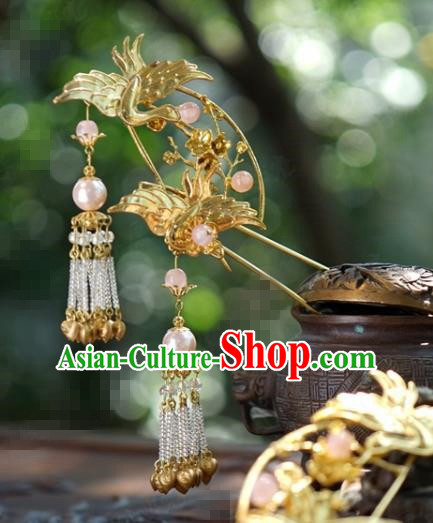 Traditional Chinese Handmade Court Golden Crane Tassel Hairpins Hair Accessories Ancient Hanfu Hair Clip for Women