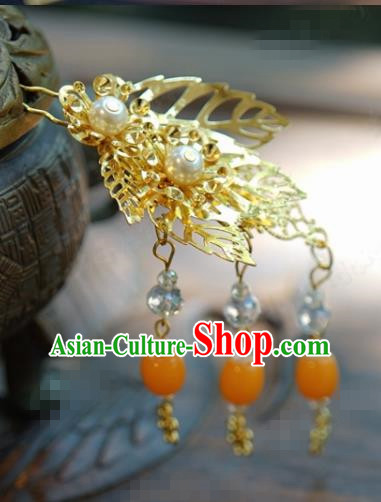 Traditional Chinese Handmade Court Golden Leaf Tassel Hairpins Hair Accessories Ancient Hanfu Hair Clip for Women