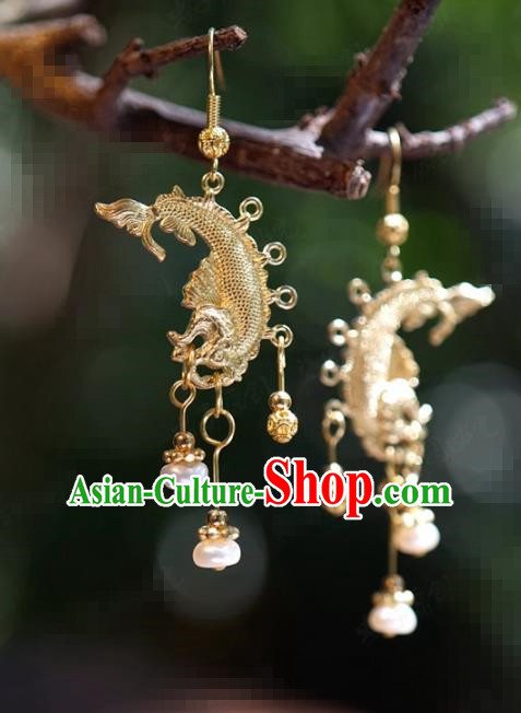 Traditional Chinese Handmade Court Golden Dragonfish Ear Accessories Ancient Princess Earrings for Women