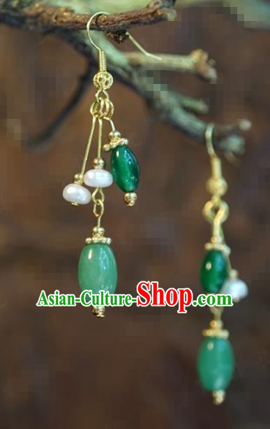 Traditional Chinese Handmade Court Jade Pearl Tassel Ear Accessories Ancient Princess Earrings for Women