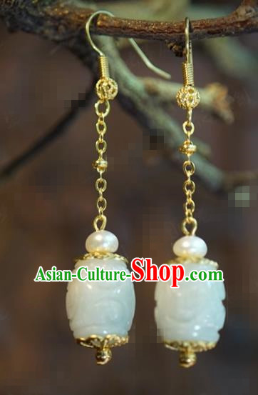 Traditional Chinese Handmade Court Jade Carving Ear Accessories Ancient Princess Earrings for Women