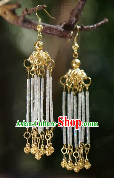 Traditional Chinese Handmade Court White Beads Tassel Ear Accessories Ancient Princess Earrings for Women