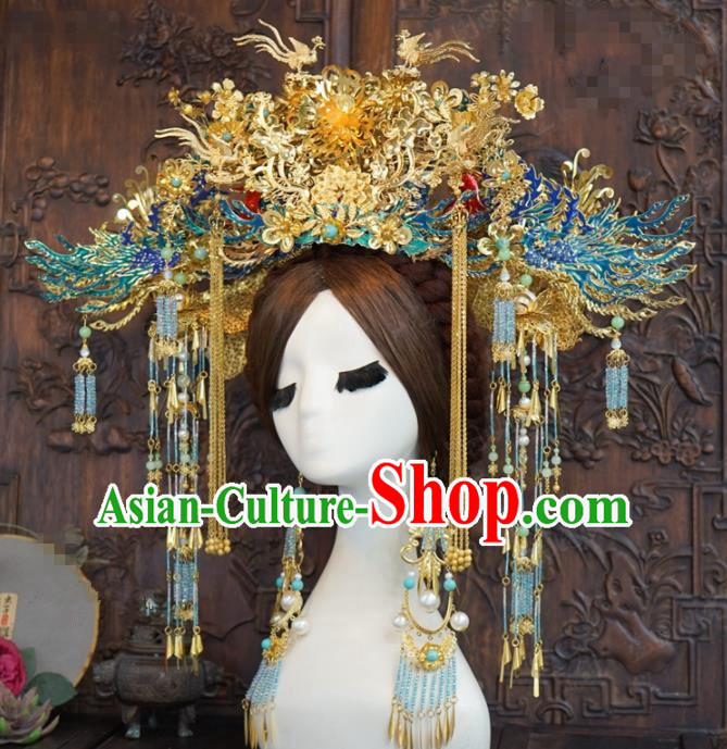 Traditional Chinese Wedding Hair Accessories Blueing Phoenix Coronet Ancient Bride Hairpins Complete Set for Women