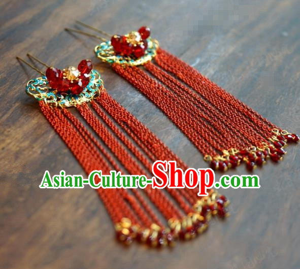 Traditional Chinese Ancient Queen Red Tassel Cloisonne Hair Clip Handmade Hanfu Court Hairpins Hair Accessories for Women
