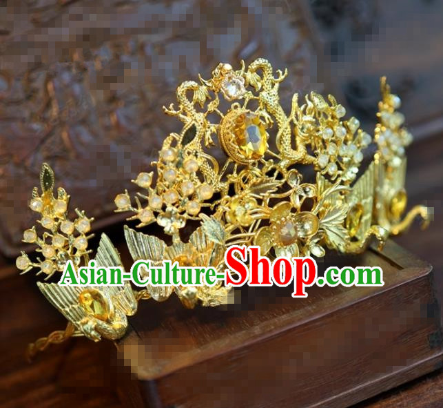 Traditional Chinese Ancient Bride Golden Hair Crown Handmade Hanfu Court Queen Hairpins Hair Accessories for Women