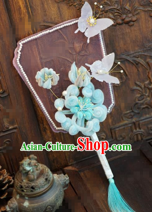 Traditional Chinese Handmade Court Blue Chrysanthemum Palace Fan Ancient Bride Wedding Fans for Women