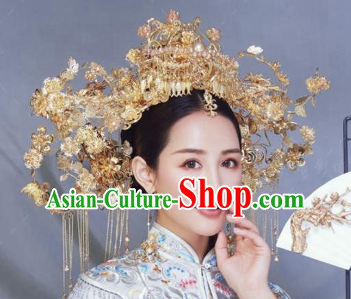 Traditional Chinese Wedding Hair Accessories Golden Phoenix Coronet Ancient Bride Hairpins Complete Set for Women