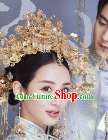 Traditional Chinese Wedding Hair Accessories Golden Phoenix Coronet Ancient Bride Hairpins Complete Set for Women