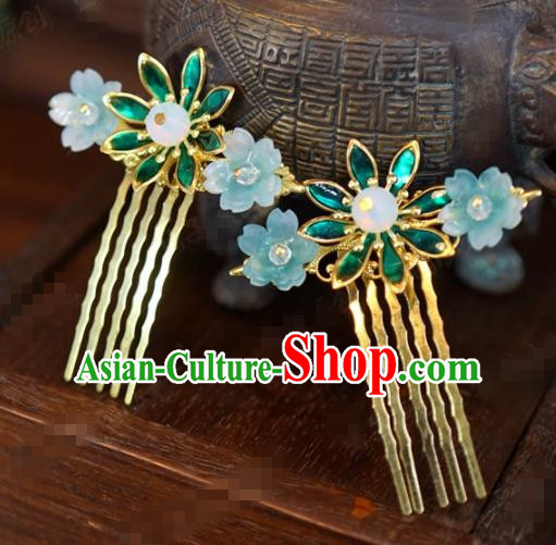 Traditional Chinese Ancient Bride Blue Plum Hair Combs Hanfu Court Queen Hairpins Handmade Hair Accessories for Women