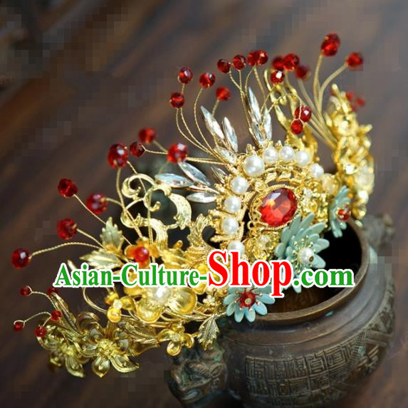 Traditional Chinese Ancient Bride Pearls Hair Crown Hanfu Court Queen Hairpins Handmade Hair Accessories for Women