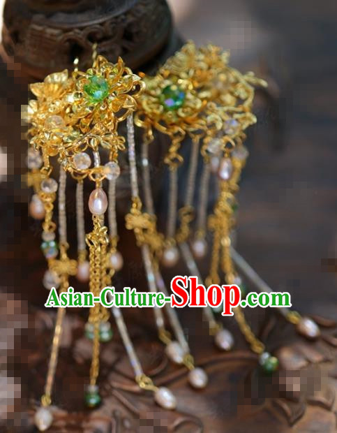 Traditional Chinese Handmade Court Golden Lotus Tassel Hairpins Hair Accessories Ancient Hanfu Hair Clip for Women