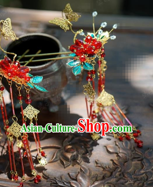 Traditional Chinese Handmade Court Red Flower Tassel Hairpins Hair Accessories Ancient Hanfu Hair Clip for Women