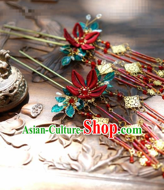 Traditional Chinese Handmade Court Red Flower Tassel Hairpins Hair Accessories Ancient Queen Hanfu Hair Clip for Women