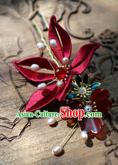 Traditional Chinese Handmade Court Agate Hairpins Hair Accessories Ancient Queen Hanfu Red Flower Hair Clip for Women