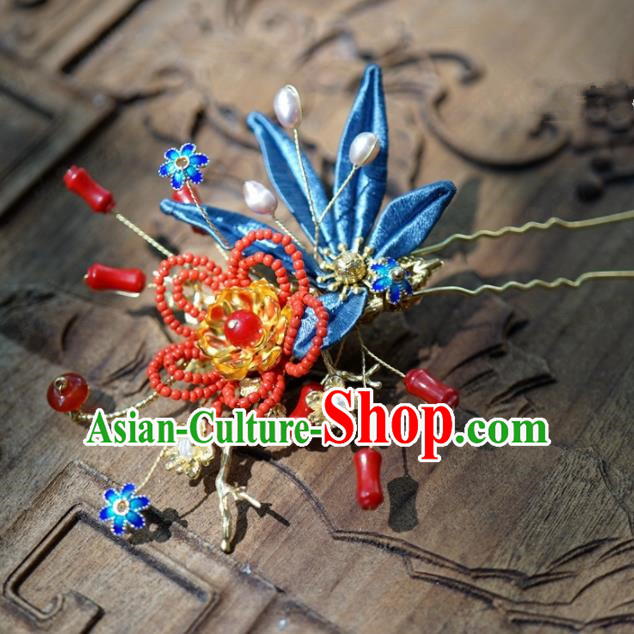 Traditional Chinese Handmade Court Hairpins Hair Accessories Ancient Queen Hanfu Blue Flower Hair Clip for Women