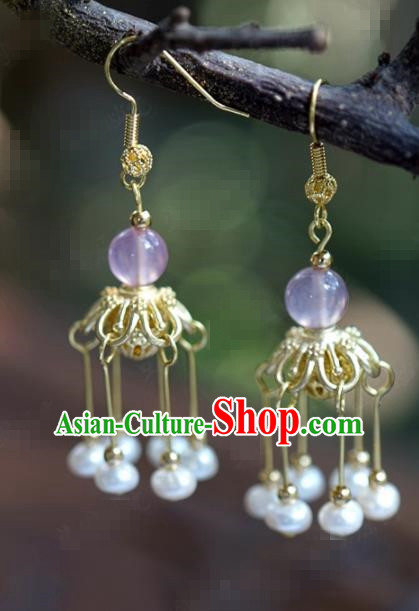 Traditional Chinese Handmade Court Ear Accessories Ancient Princess Golden Tassel Earrings for Women