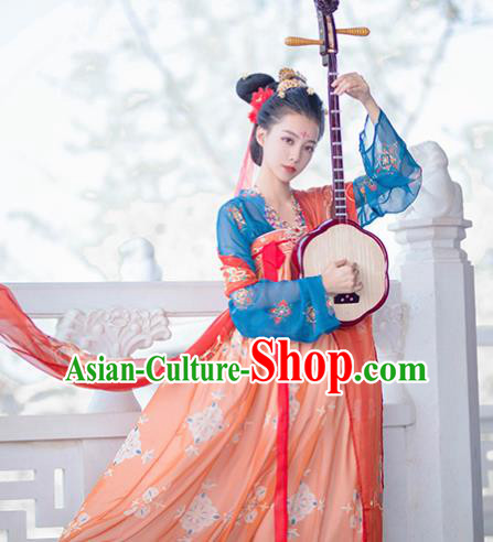 Traditional Chinese Tang Dynasty Court Princess Replica Costumes Ancient Palace Lady Orange Hanfu Dress for Women