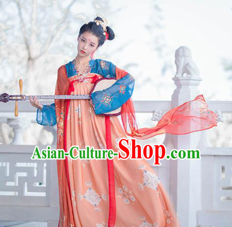 Traditional Chinese Tang Dynasty Court Princess Replica Costumes Ancient Palace Lady Orange Hanfu Dress for Women
