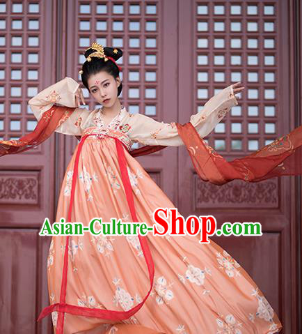 Traditional Chinese Tang Dynasty Imperial Consort Replica Costumes Ancient Court Princess Orange Hanfu Dress for Women