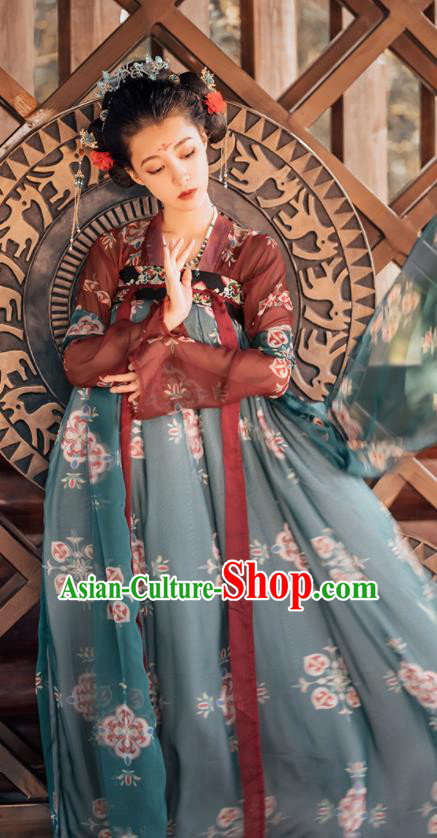 Traditional Chinese Tang Dynasty Palace Princess Replica Costumes Ancient Court Consort Green Hanfu Dress for Women