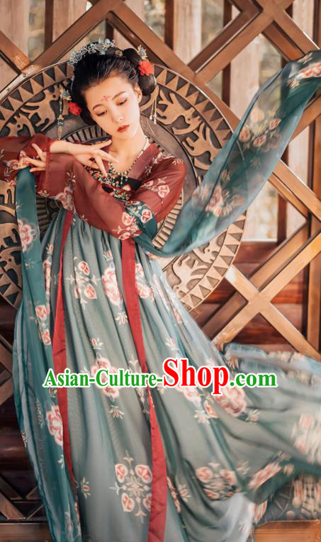 Traditional Chinese Tang Dynasty Palace Princess Replica Costumes Ancient Court Consort Green Hanfu Dress for Women