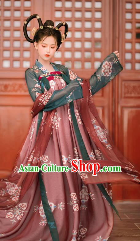 Traditional Chinese Tang Dynasty Palace Infanta Replica Costumes Ancient Goddess Princess Wine Red Hanfu Dress for Women